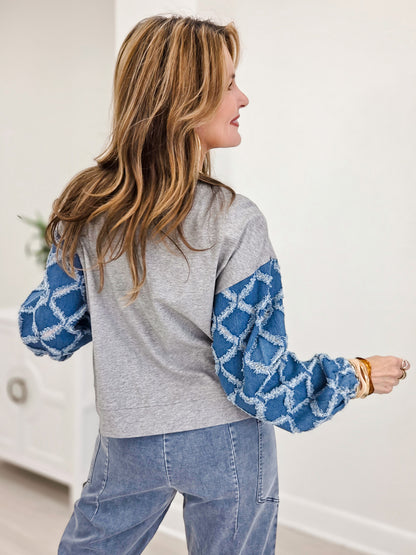 Lattice Textured Denim Long Sleeves Knit Top