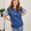 Floral Embroidered Denim Balloon Sleeves Top