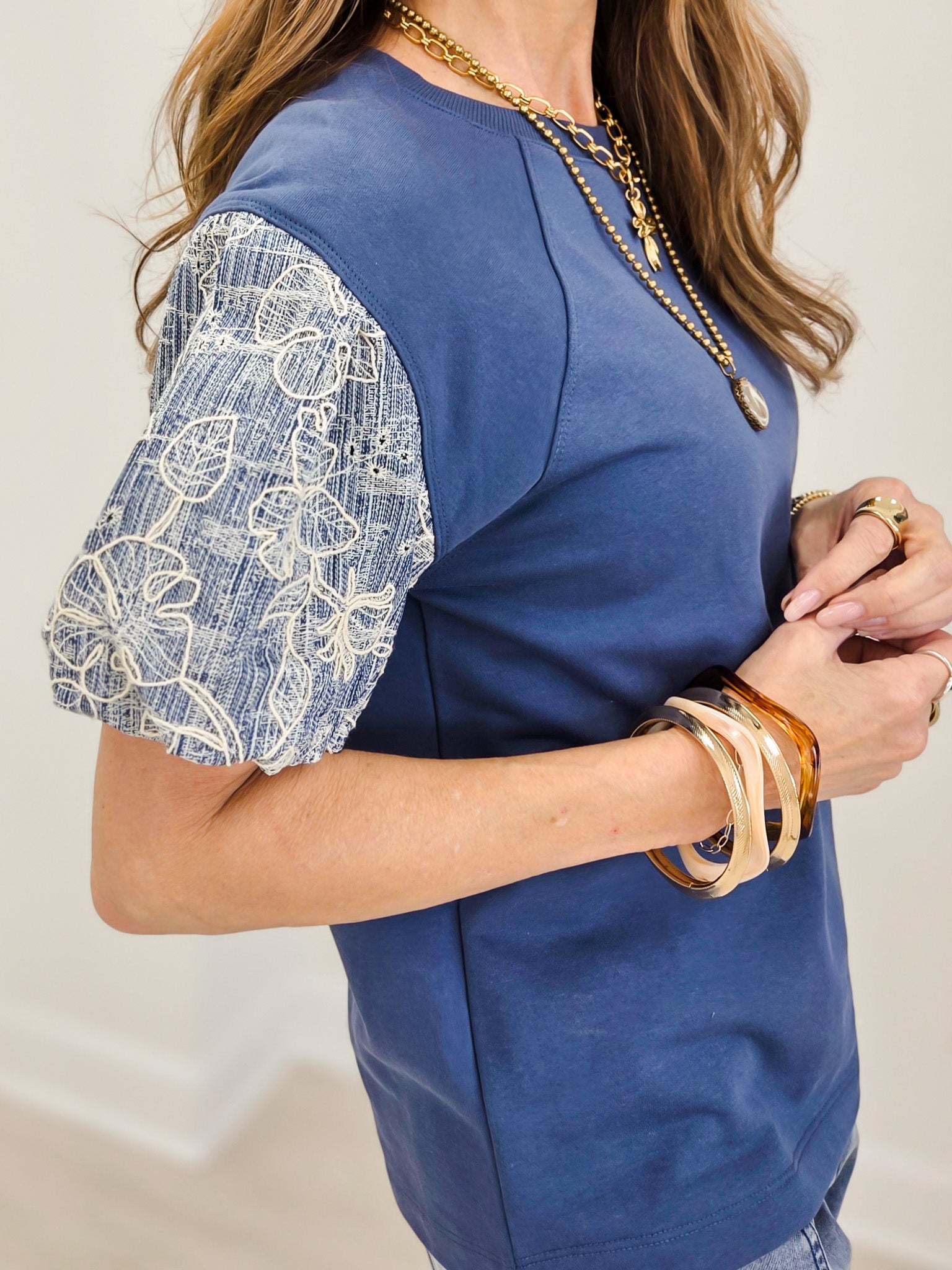 Floral Embroidered Denim Balloon Sleeves Top