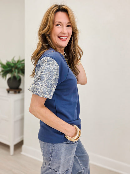 Floral Embroidered Denim Balloon Sleeves Top