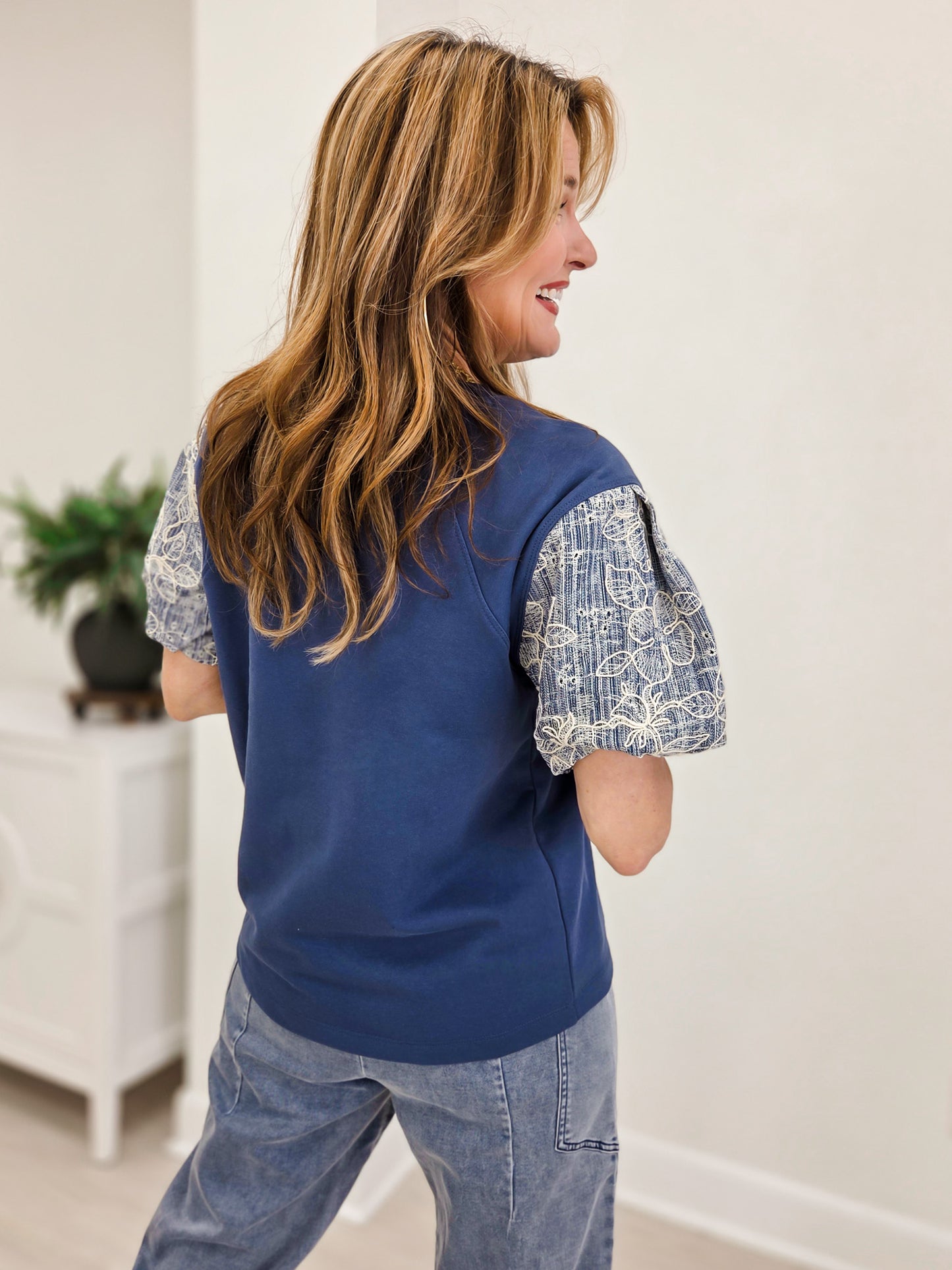 Floral Embroidered Denim Balloon Sleeves Top
