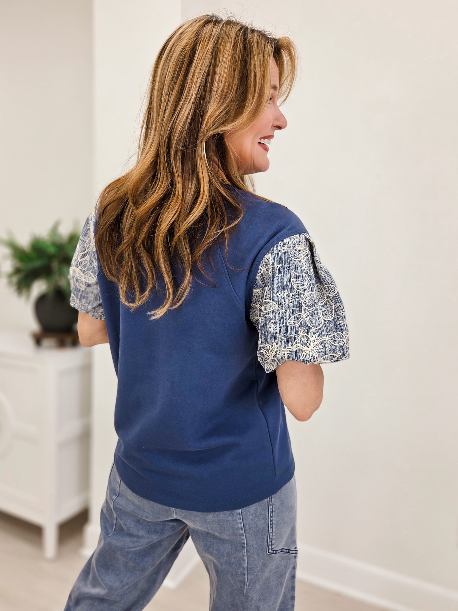 Floral Embroidered Denim Balloon Sleeves Top