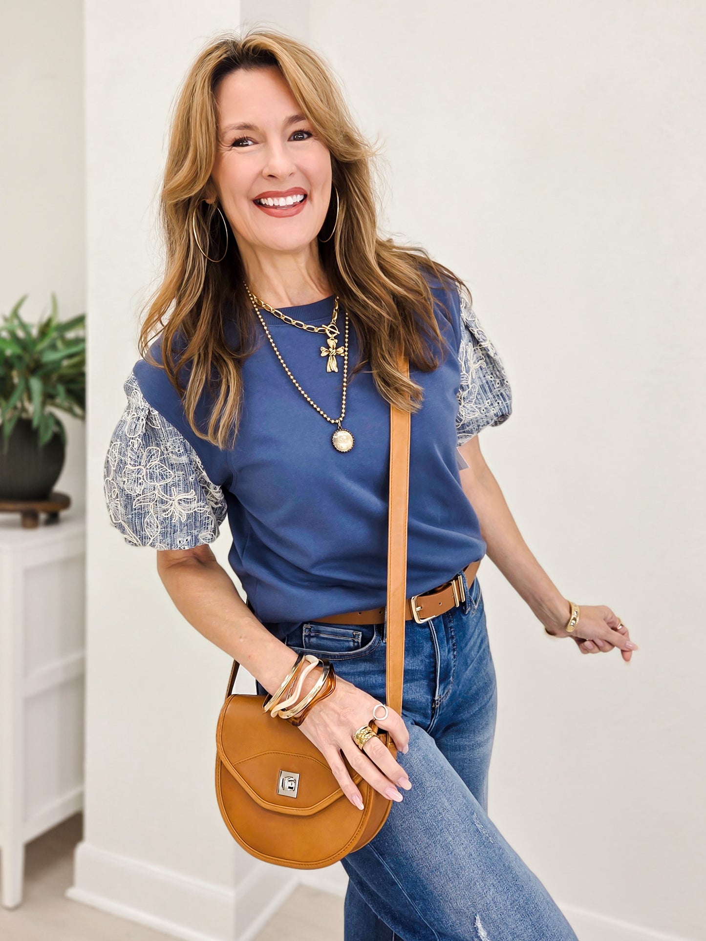 Floral Embroidered Denim Balloon Sleeves Top