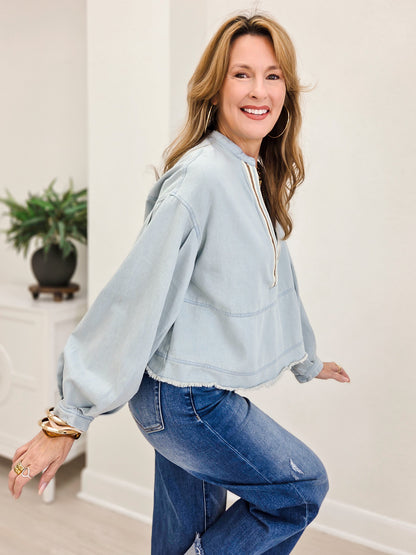 Boxy Fit Denim Top With Striped V-neck Placket