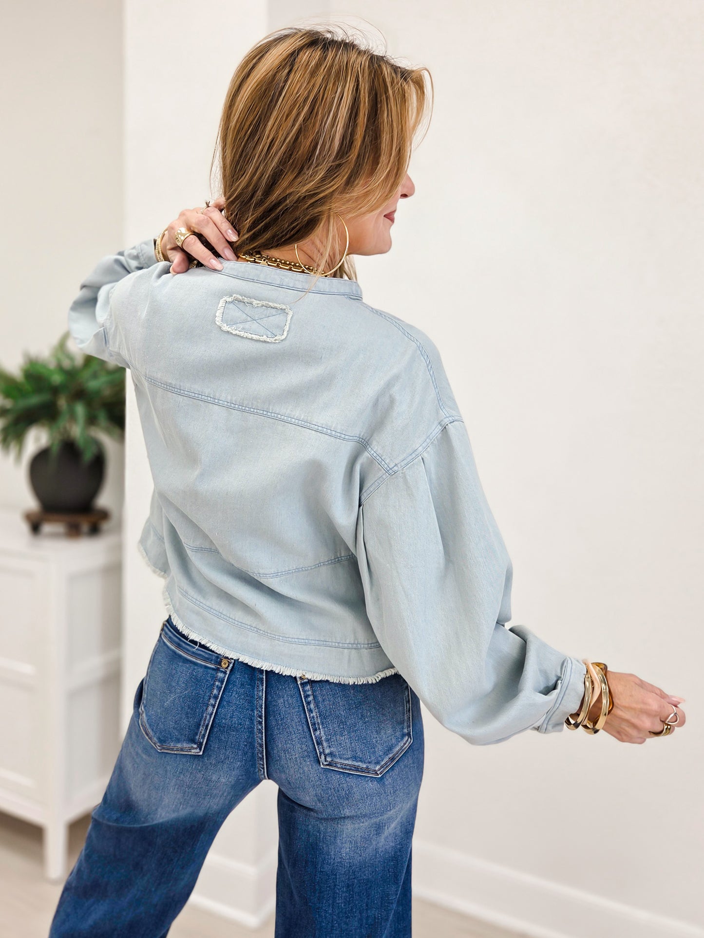 Boxy Fit Denim Top With Striped V-neck Placket