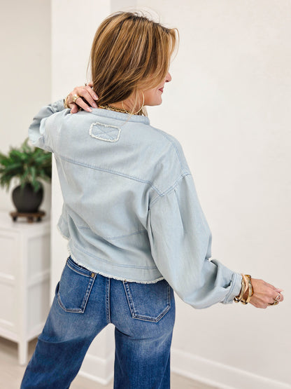 Boxy Fit Denim Top With Striped V-neck Placket