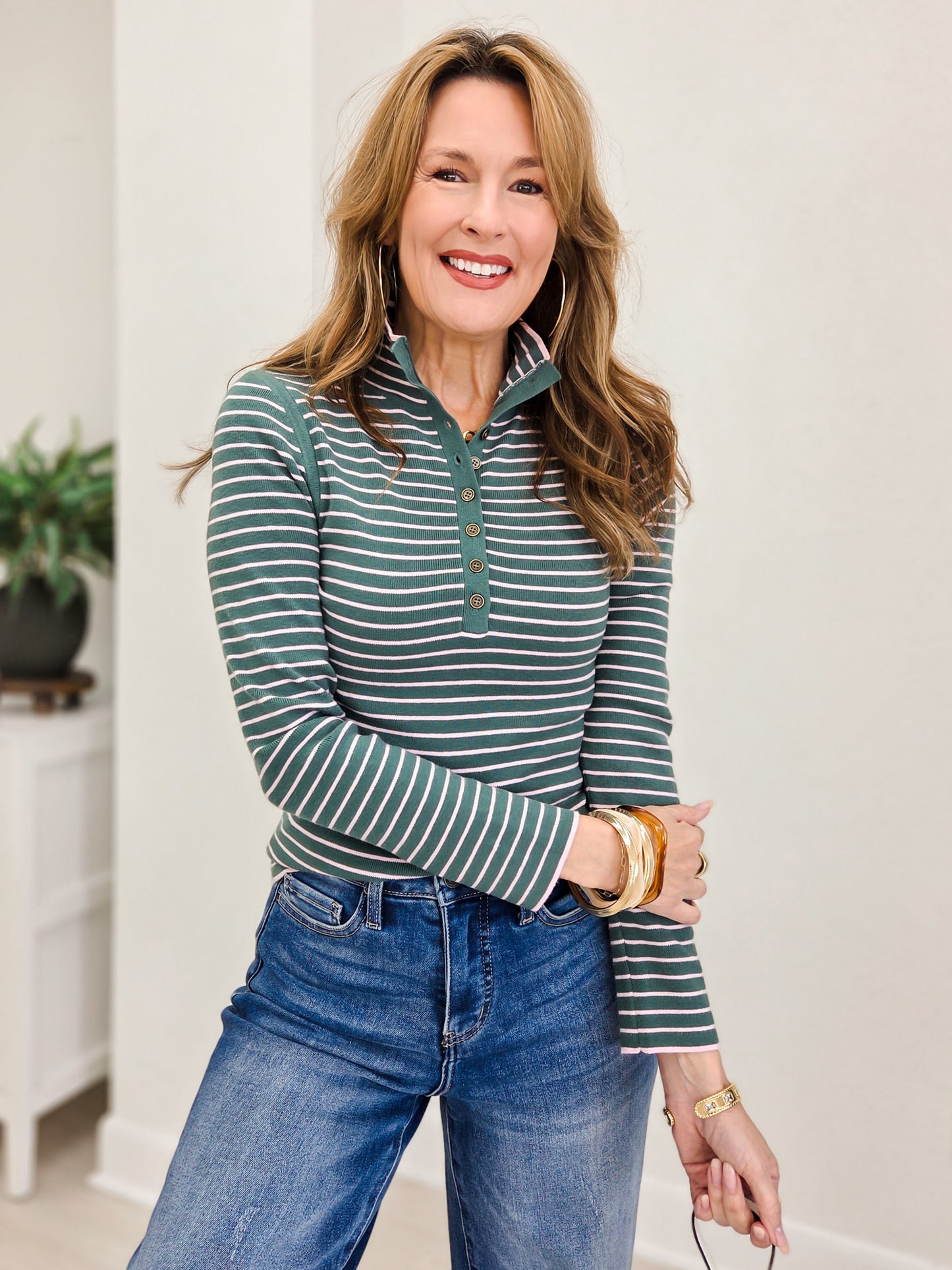 Ribbed Stripe Polo Sweater Top
