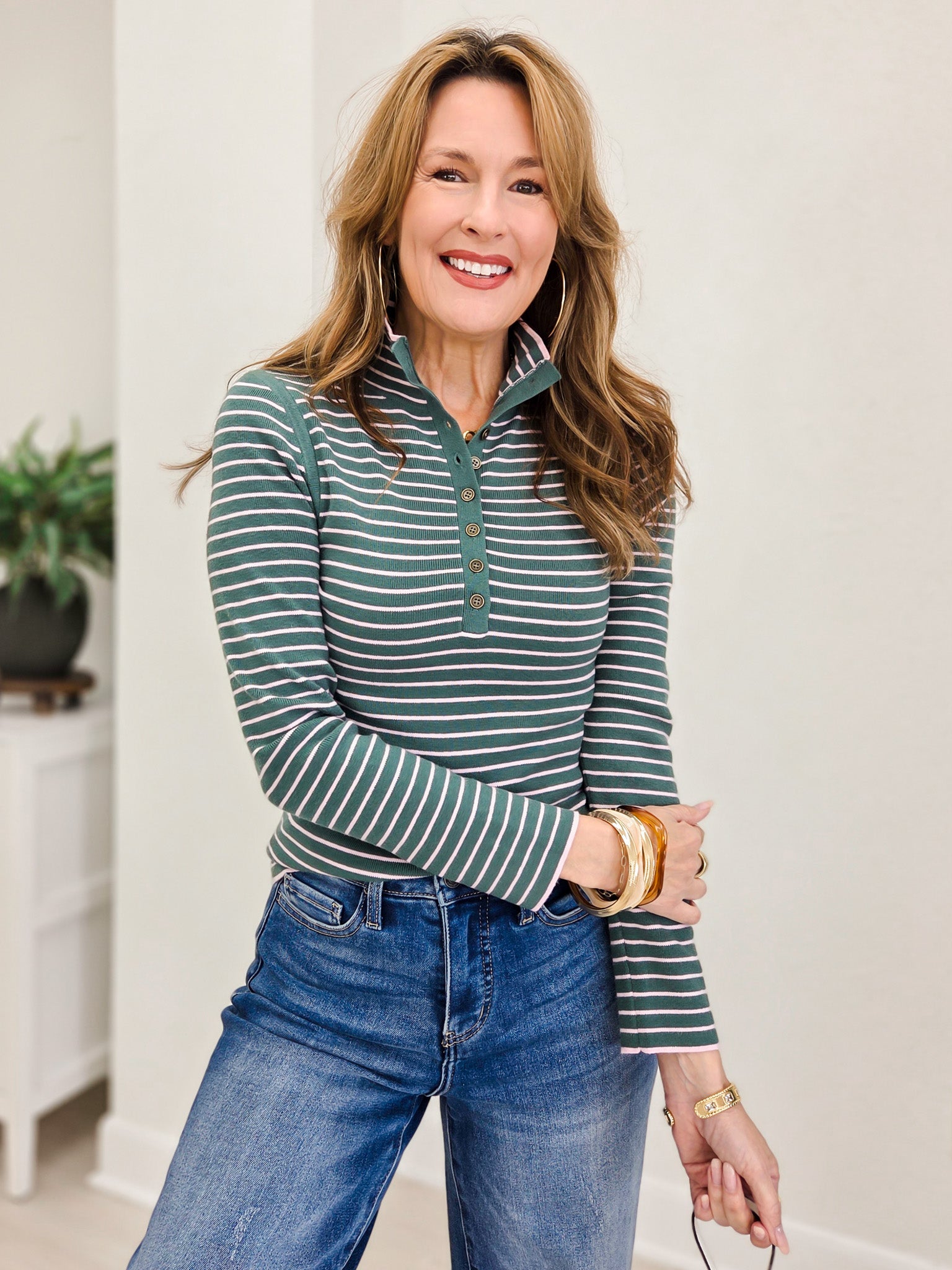 Ribbed Stripe Polo Sweater Top