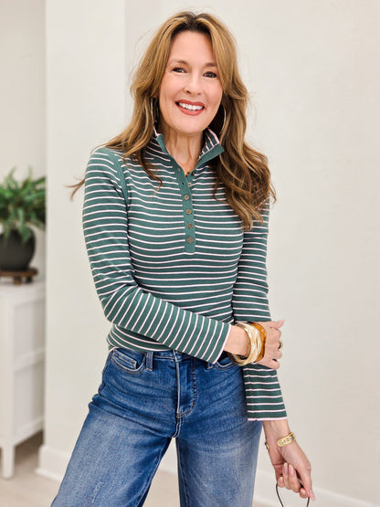 Ribbed Stripe Polo Sweater Top