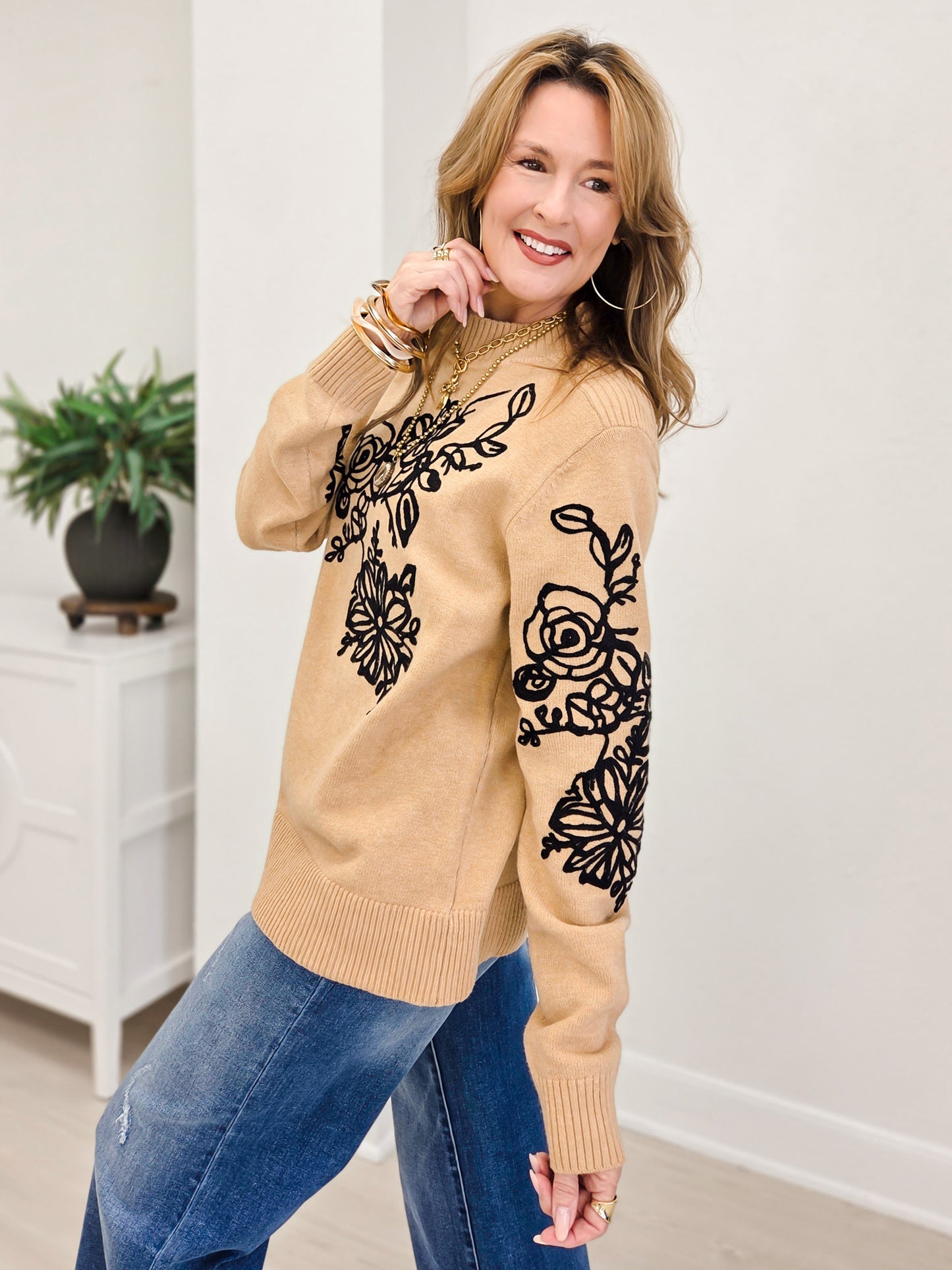 Sweater Top with Floral Design