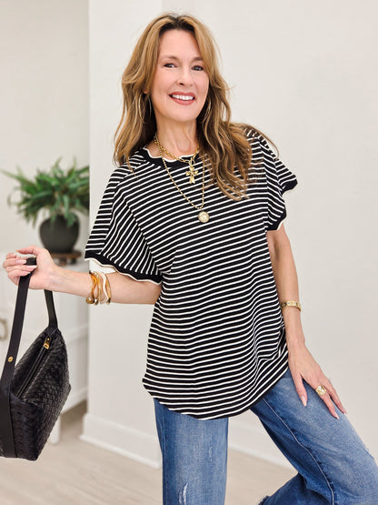 Scallop Trim Stripe Knit Top