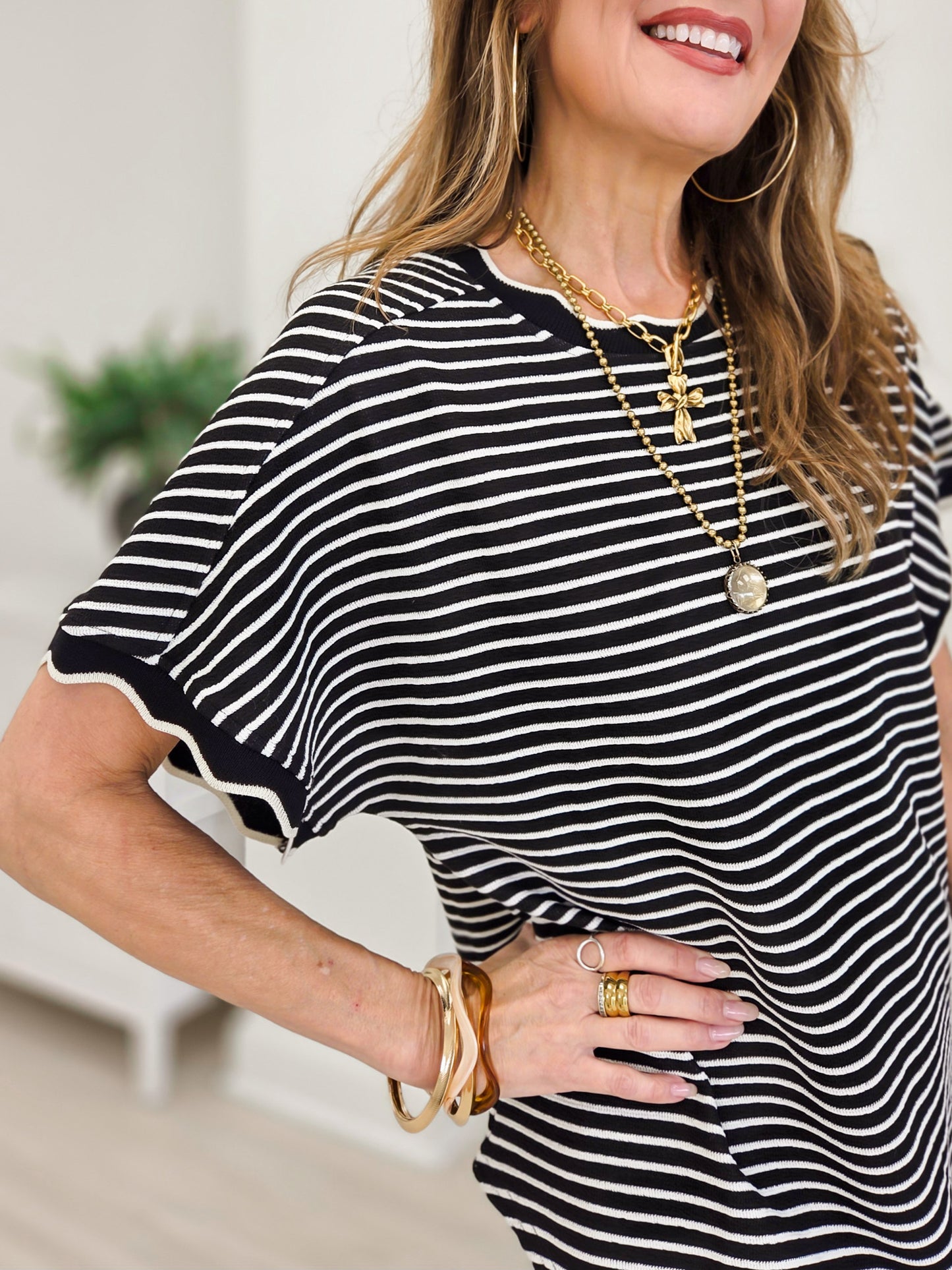 Scallop Trim Stripe Knit Top