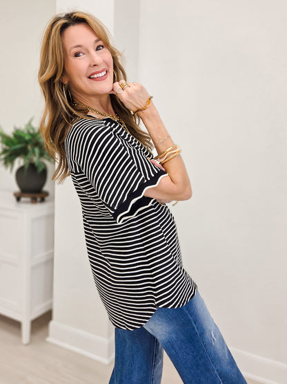 Scallop Trim Stripe Knit Top