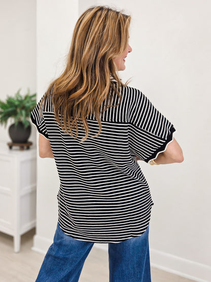 Scallop Trim Stripe Knit Top