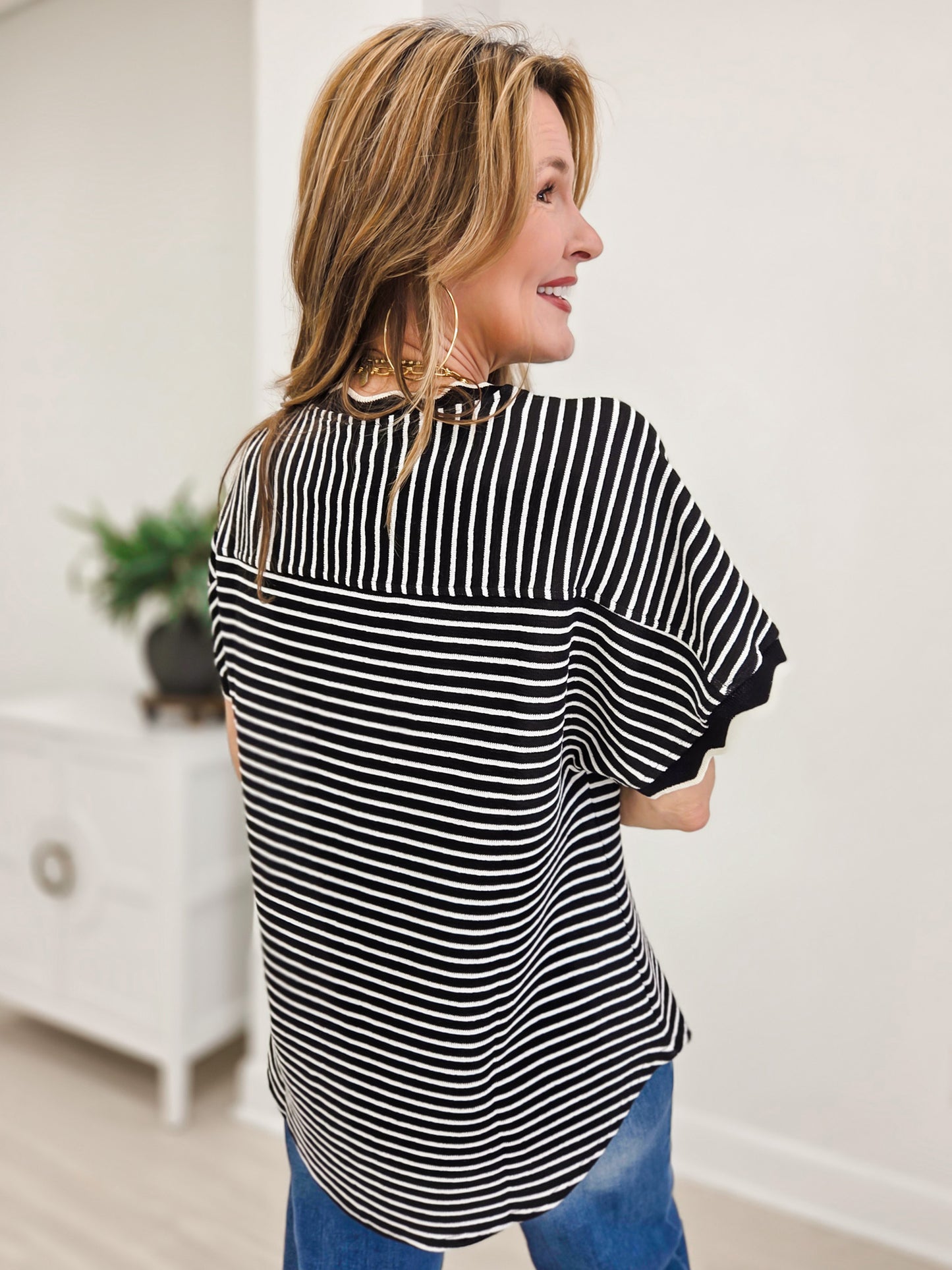 Scallop Trim Stripe Knit Top