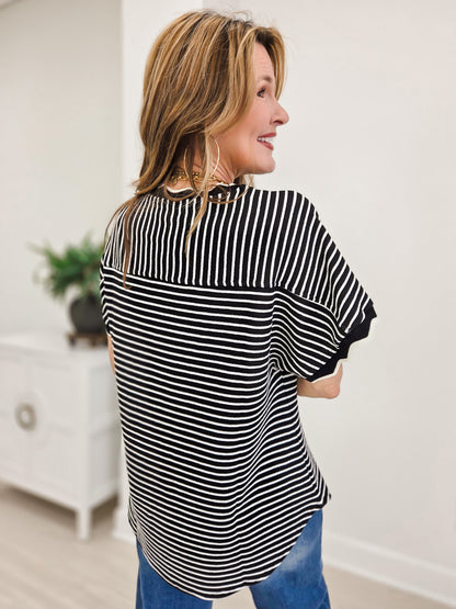 Scallop Trim Stripe Knit Top