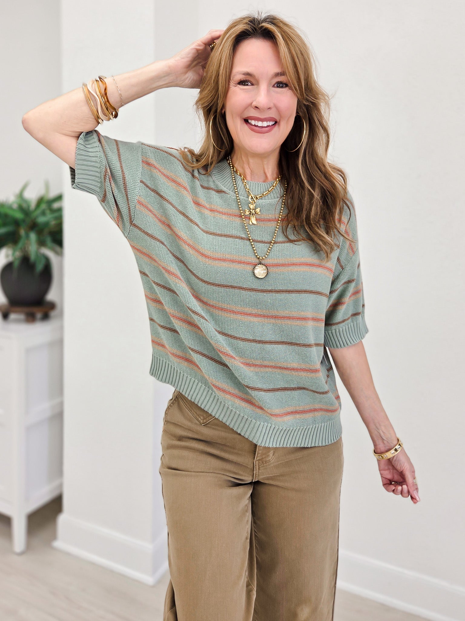 Oversized Cut Half Sleeve Striped Sweater