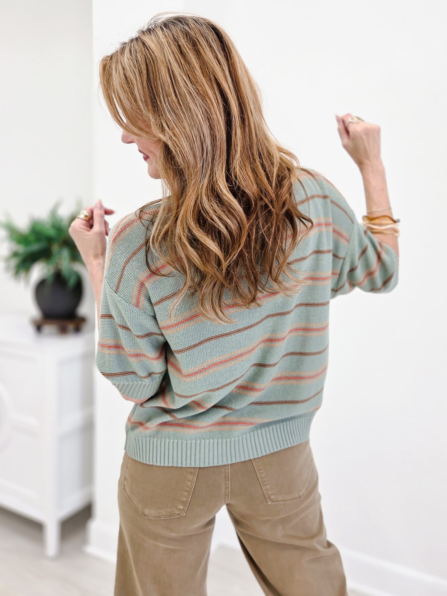 Oversized Cut Half Sleeve Striped Sweater