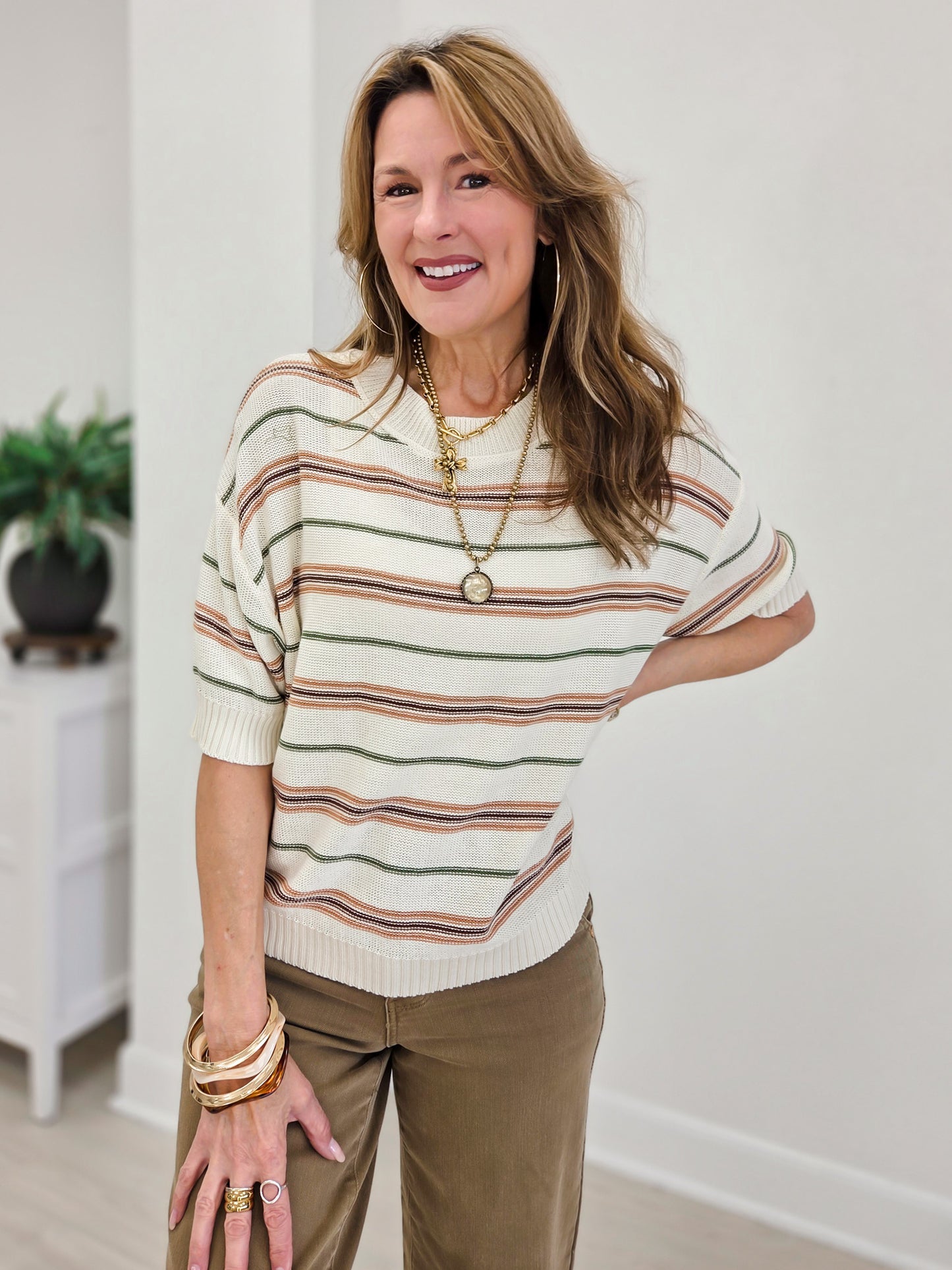 Oversized Cut Half Sleeve Striped Sweater