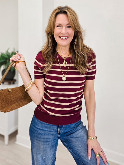 Classic Cut Striped Shortsleeve Sweater Top