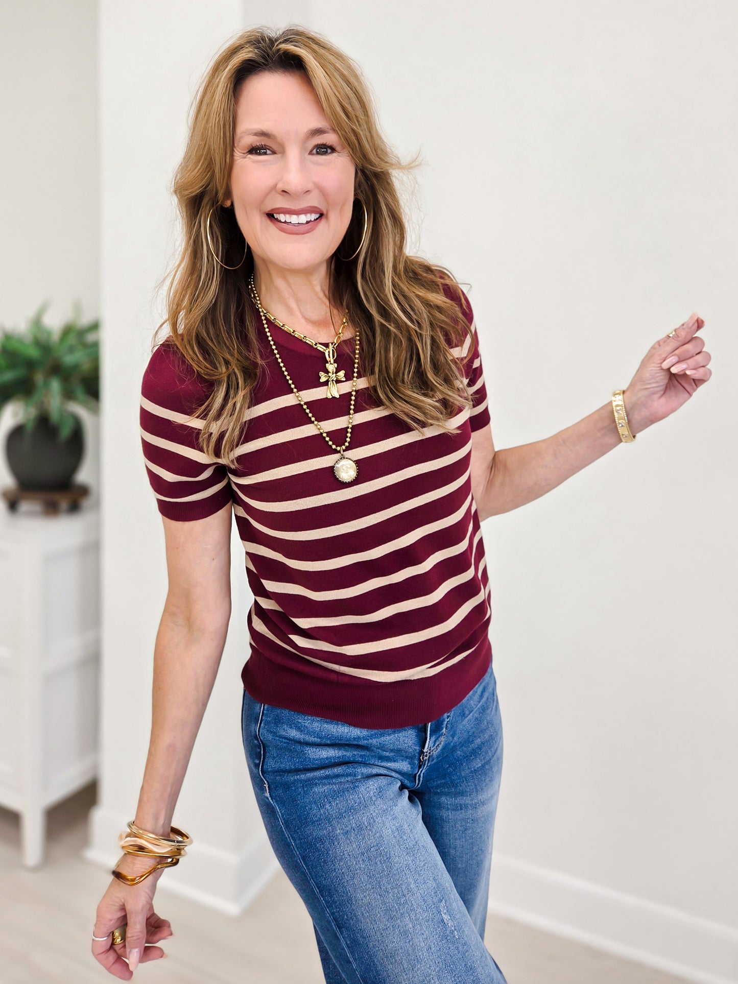 Classic Cut Striped Shortsleeve Sweater Top