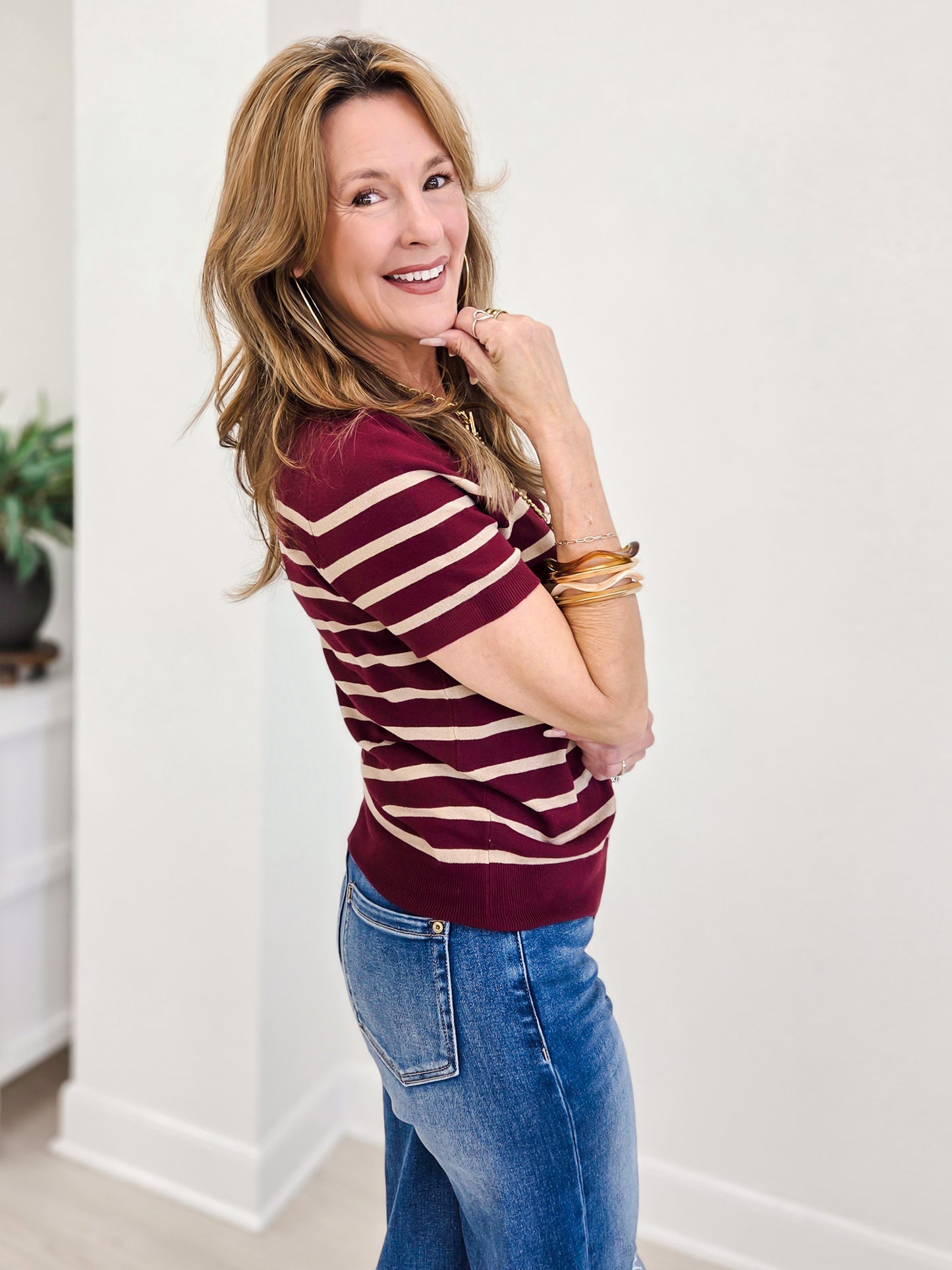 Classic Cut Striped Shortsleeve Sweater Top