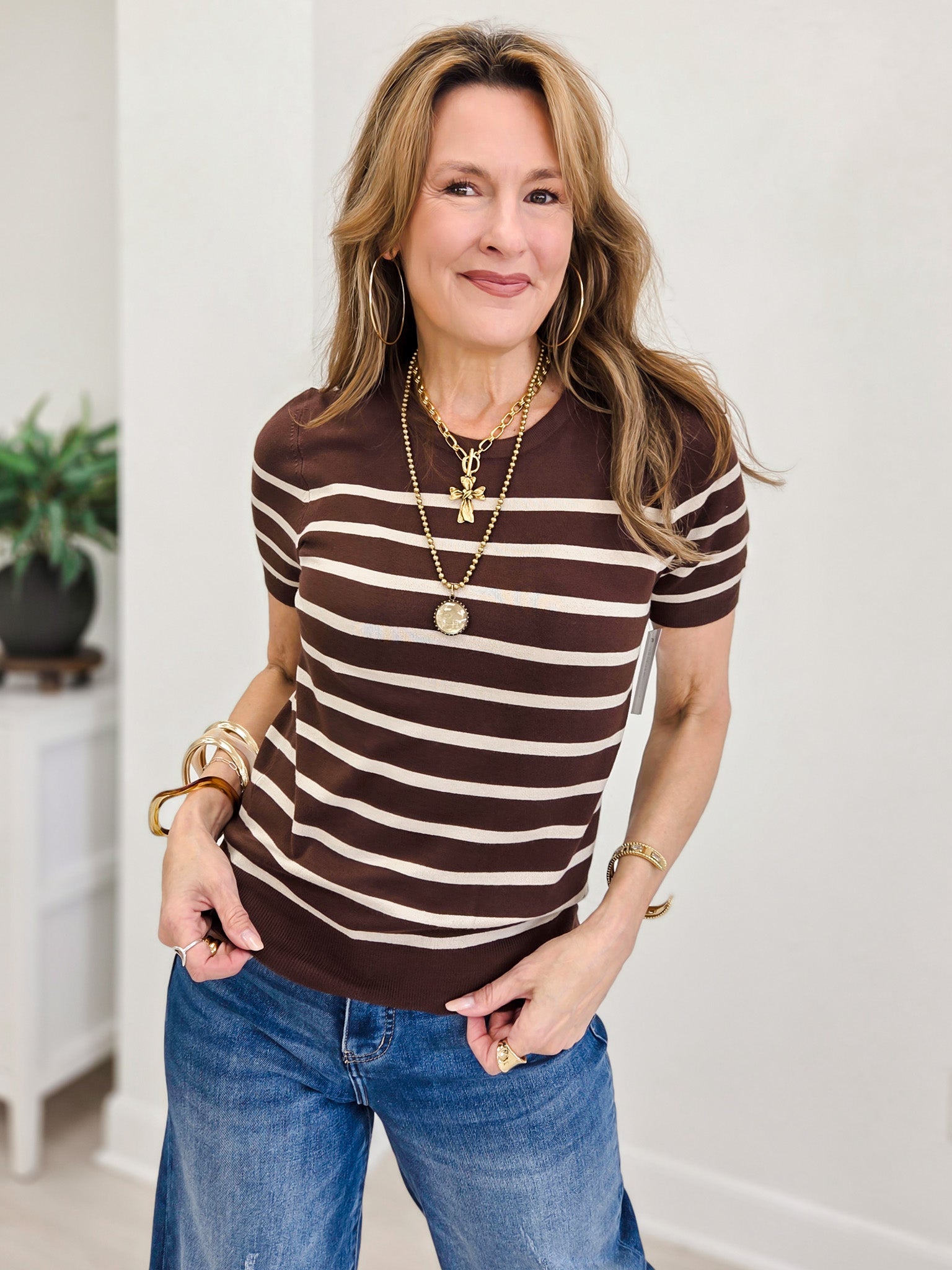 Classic Cut Striped Shortsleeve Sweater Top
