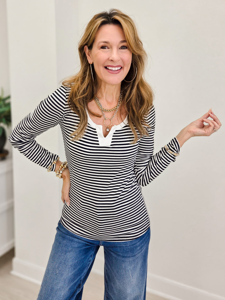 Stripe Split Neck Long Sleeve Top
