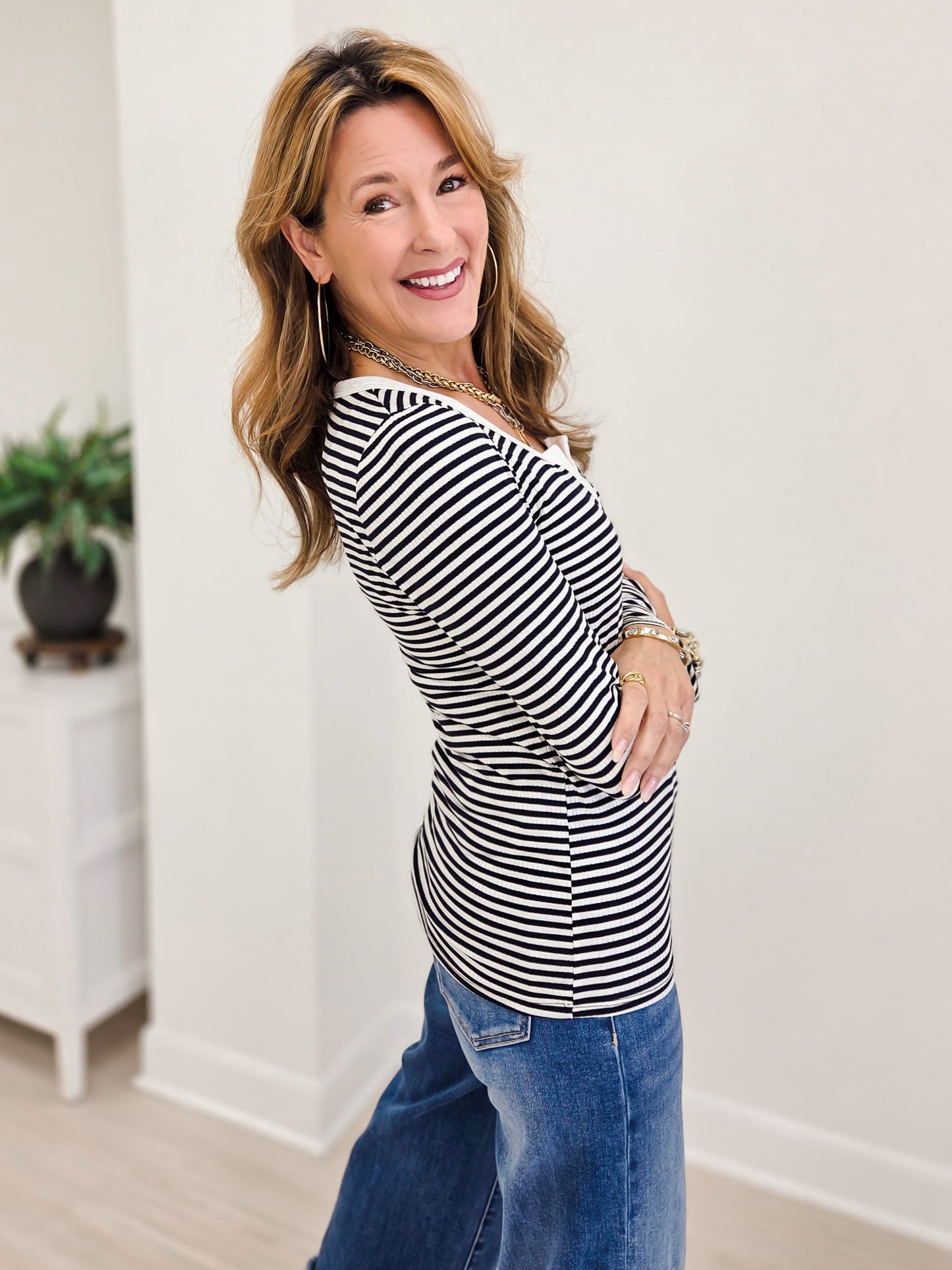 Stripe Split Neck Long Sleeve Top