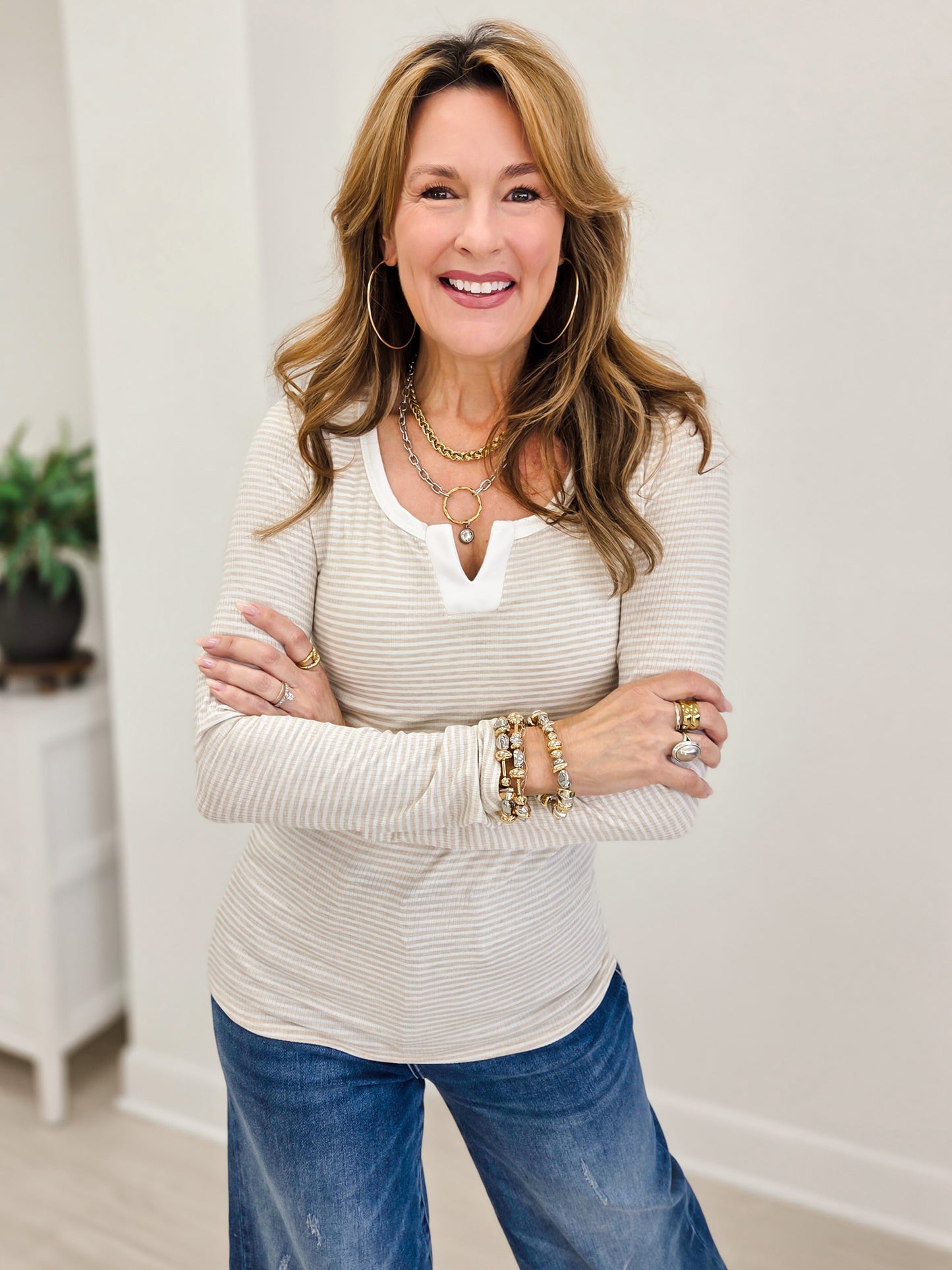Stripe Split Neck Long Sleeve Top