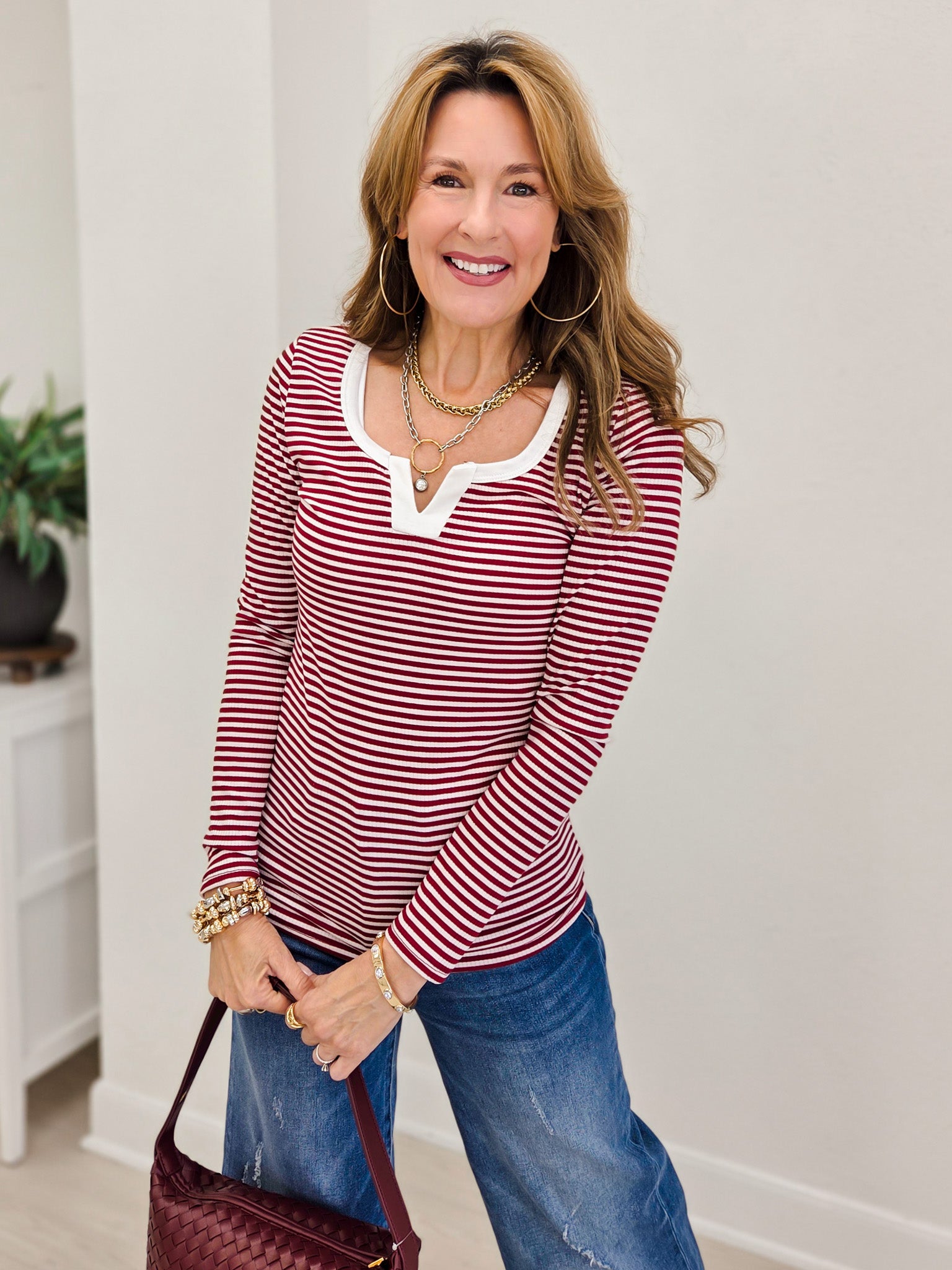 Stripe Split Neck Long Sleeve Top