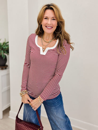 Stripe Split Neck Long Sleeve Top
