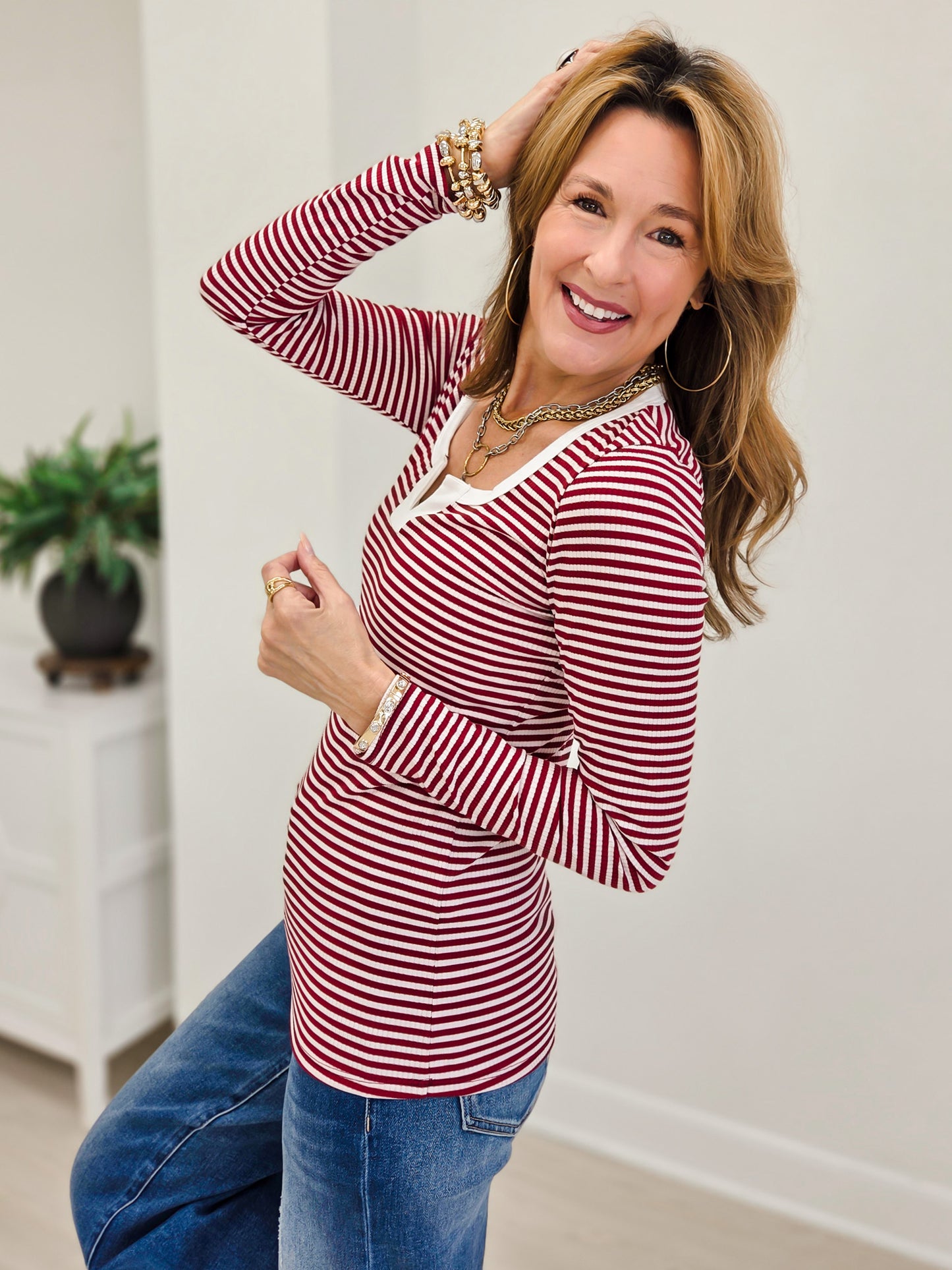 Stripe Split Neck Long Sleeve Top