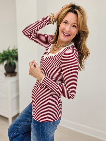 Stripe Split Neck Long Sleeve Top