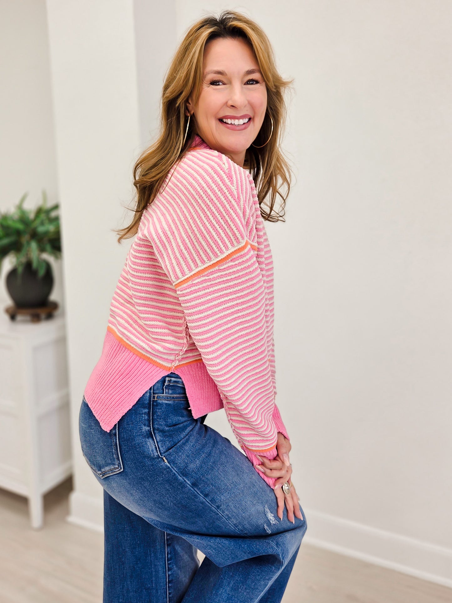 Contrast Trim Drop Shoulder Knit Sweater