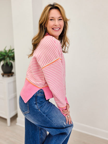 Contrast Trim Drop Shoulder Knit Sweater