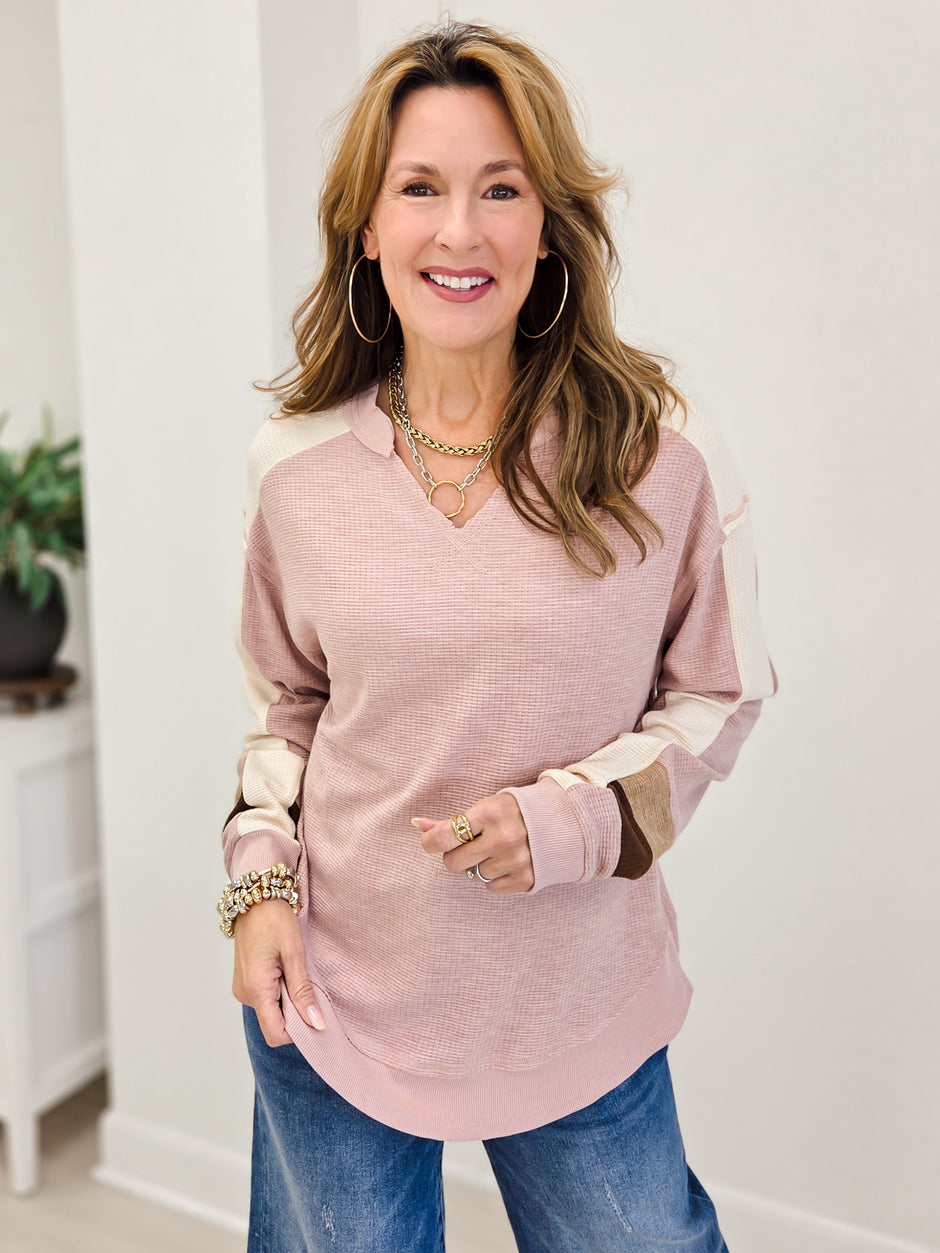 V-Neck Waffle Knit Pullover Sweater