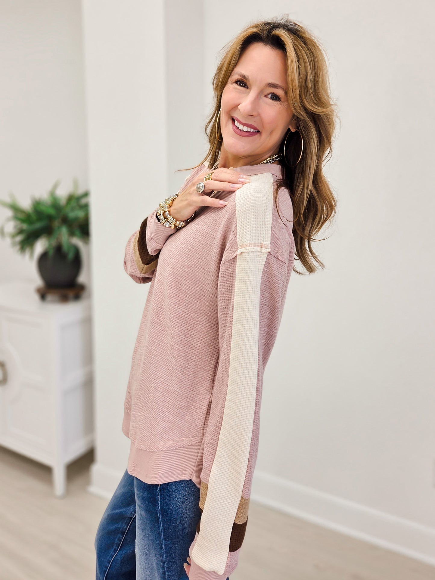V-Neck Waffle Knit Pullover Sweater