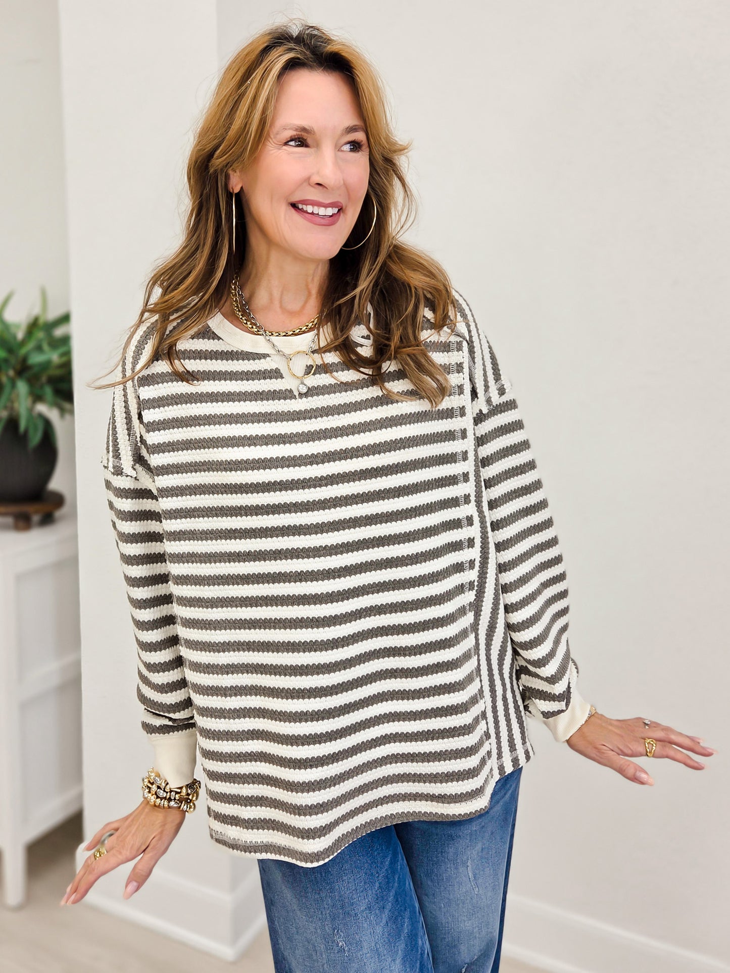 Boutique Style Striped Waffle  Long Sleeve Top