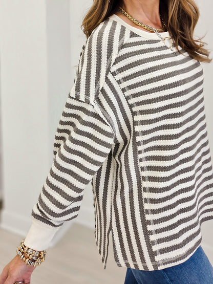 Boutique Style Striped Waffle  Long Sleeve Top