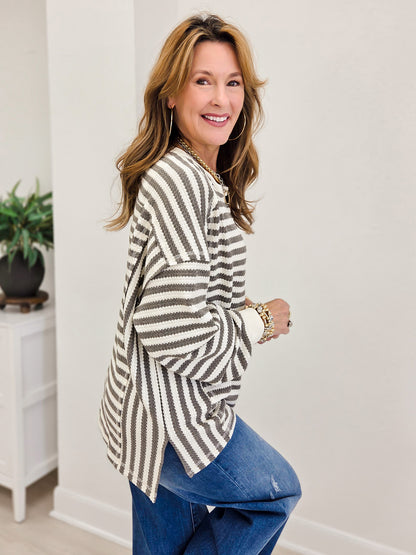 Boutique Style Striped Waffle  Long Sleeve Top