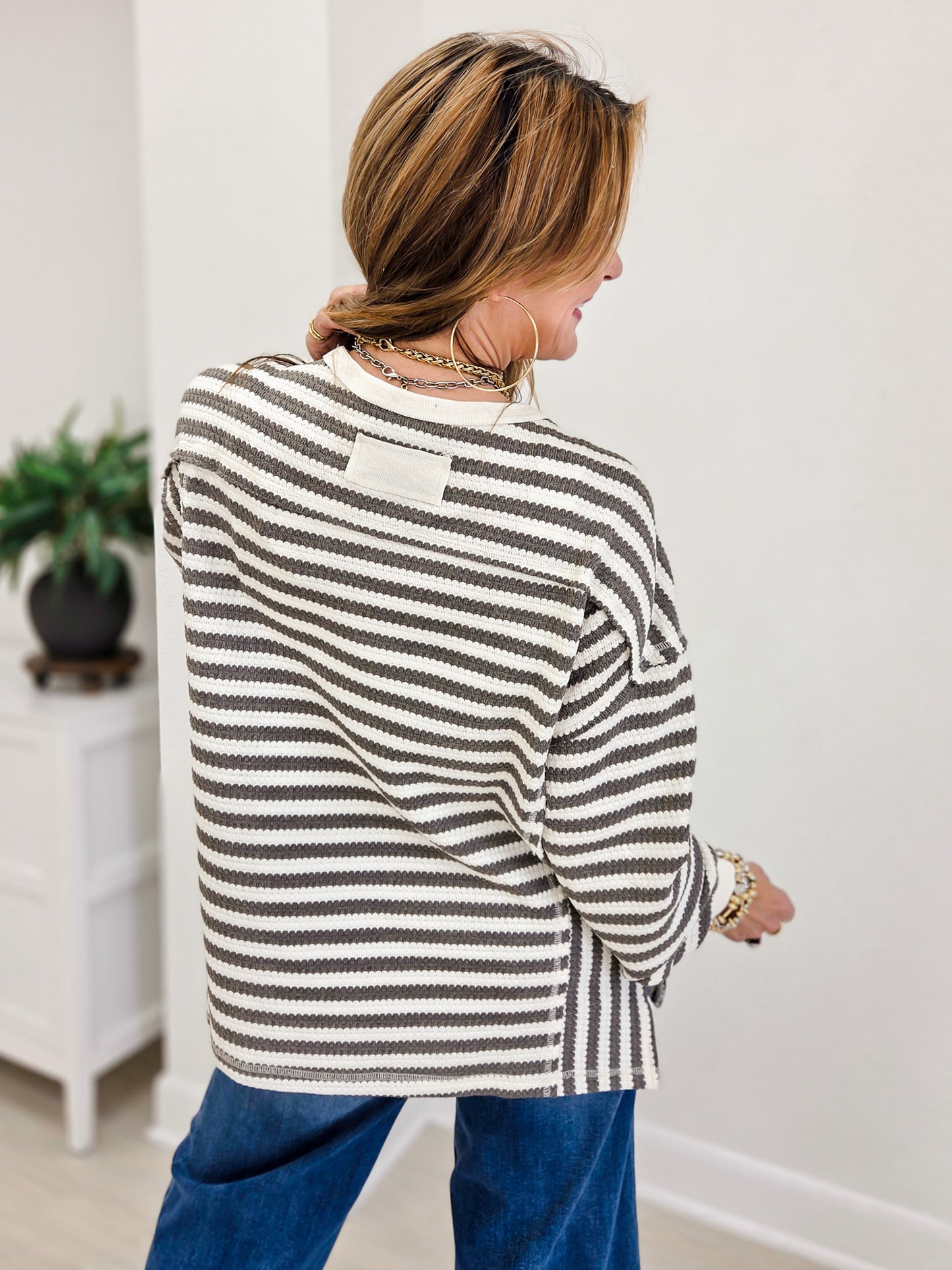 Boutique Style Striped Waffle  Long Sleeve Top