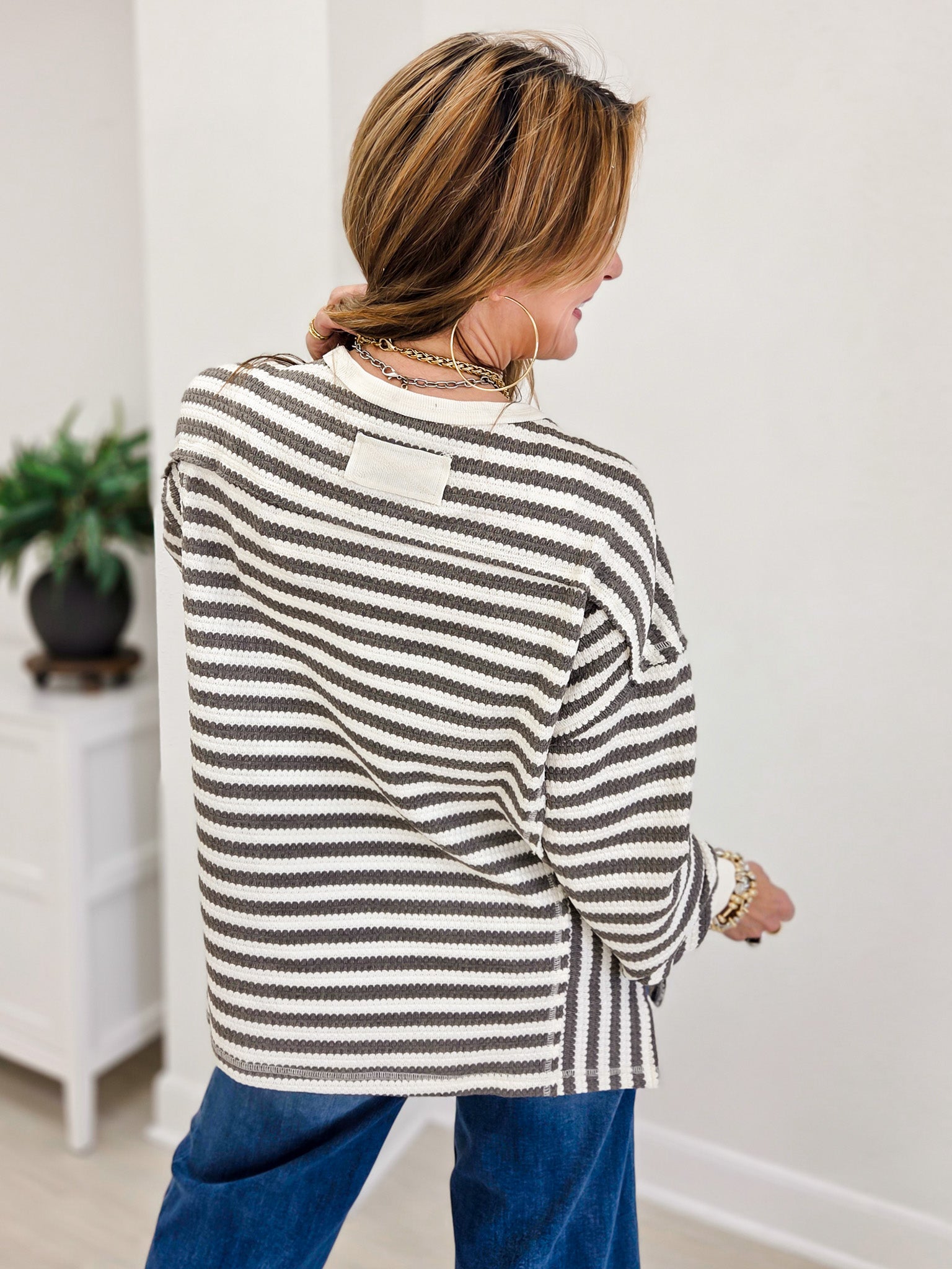 Boutique Style Striped Waffle  Long Sleeve Top
