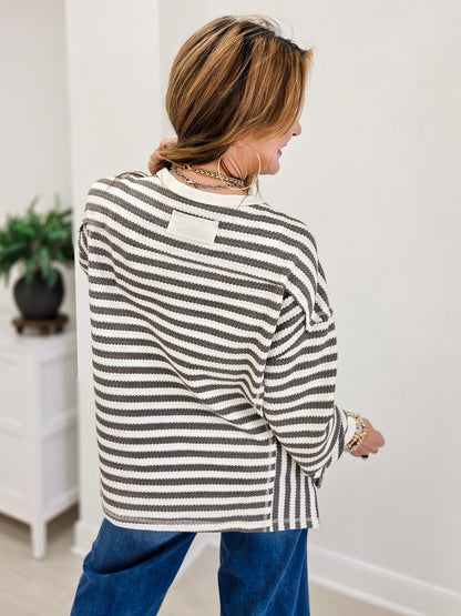 Boutique Style Striped Waffle  Long Sleeve Top