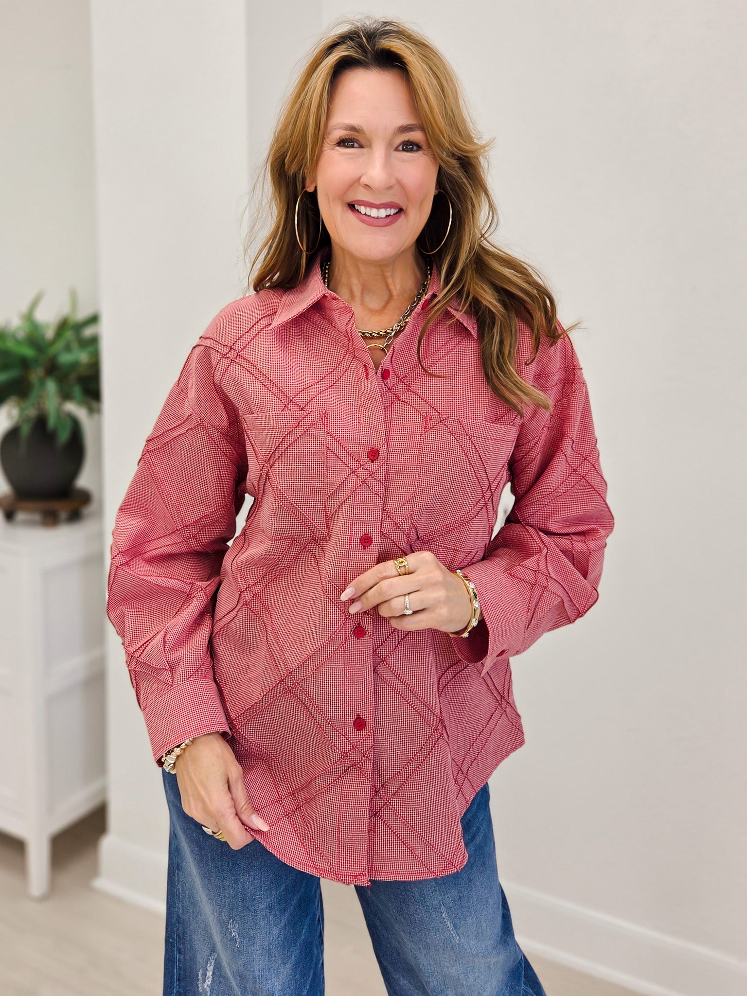 Textured Plaid Detail Button-Up Shirt-Red Mix