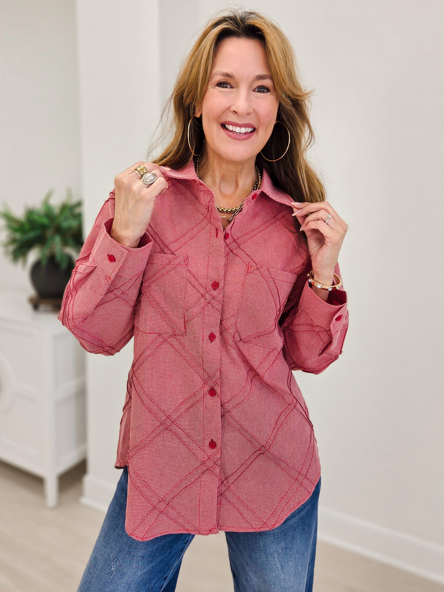 Textured Plaid Detail Button-Up Shirt-Red Mix