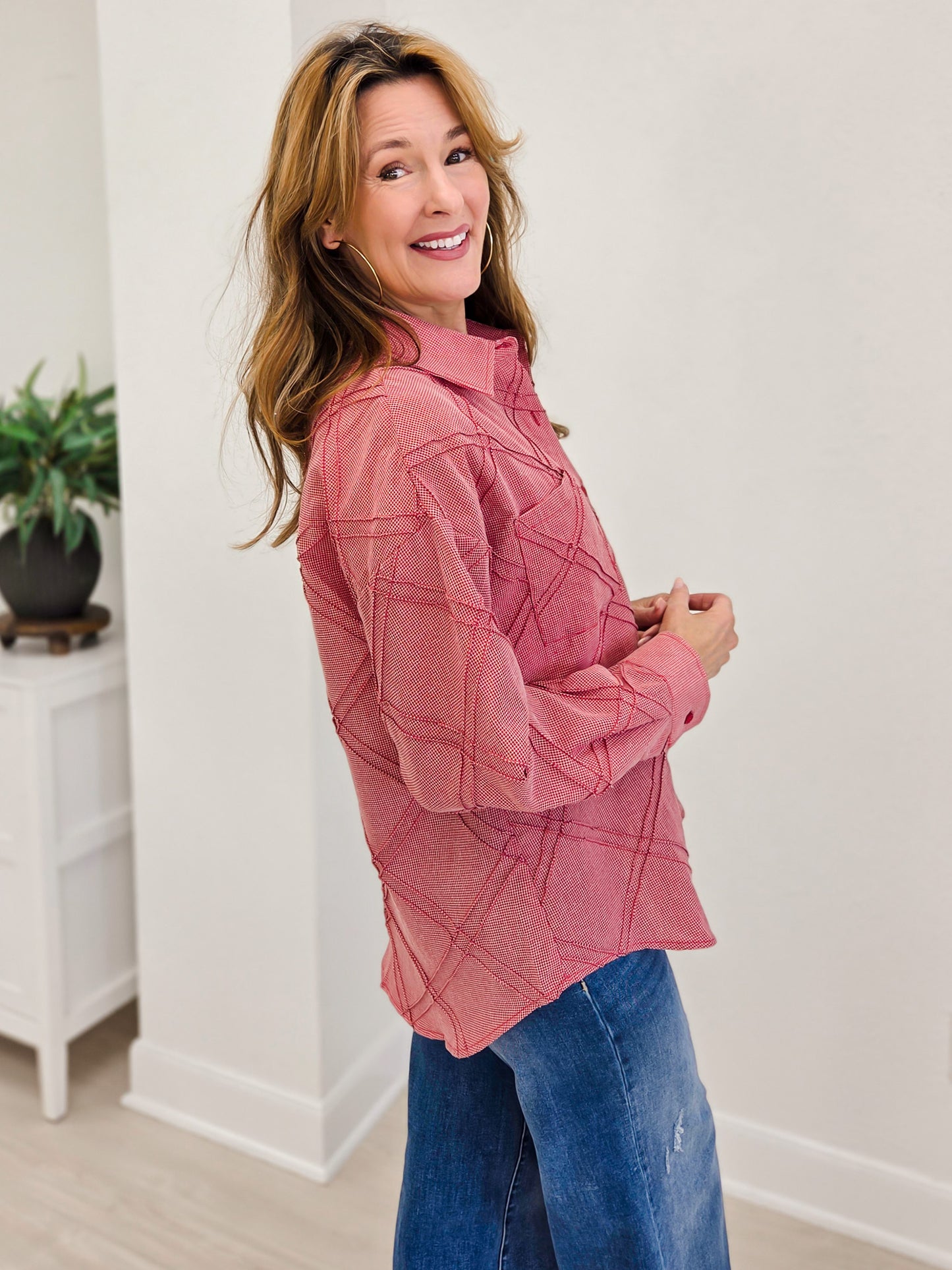 Textured Plaid Detail Button-Up Shirt-Red Mix