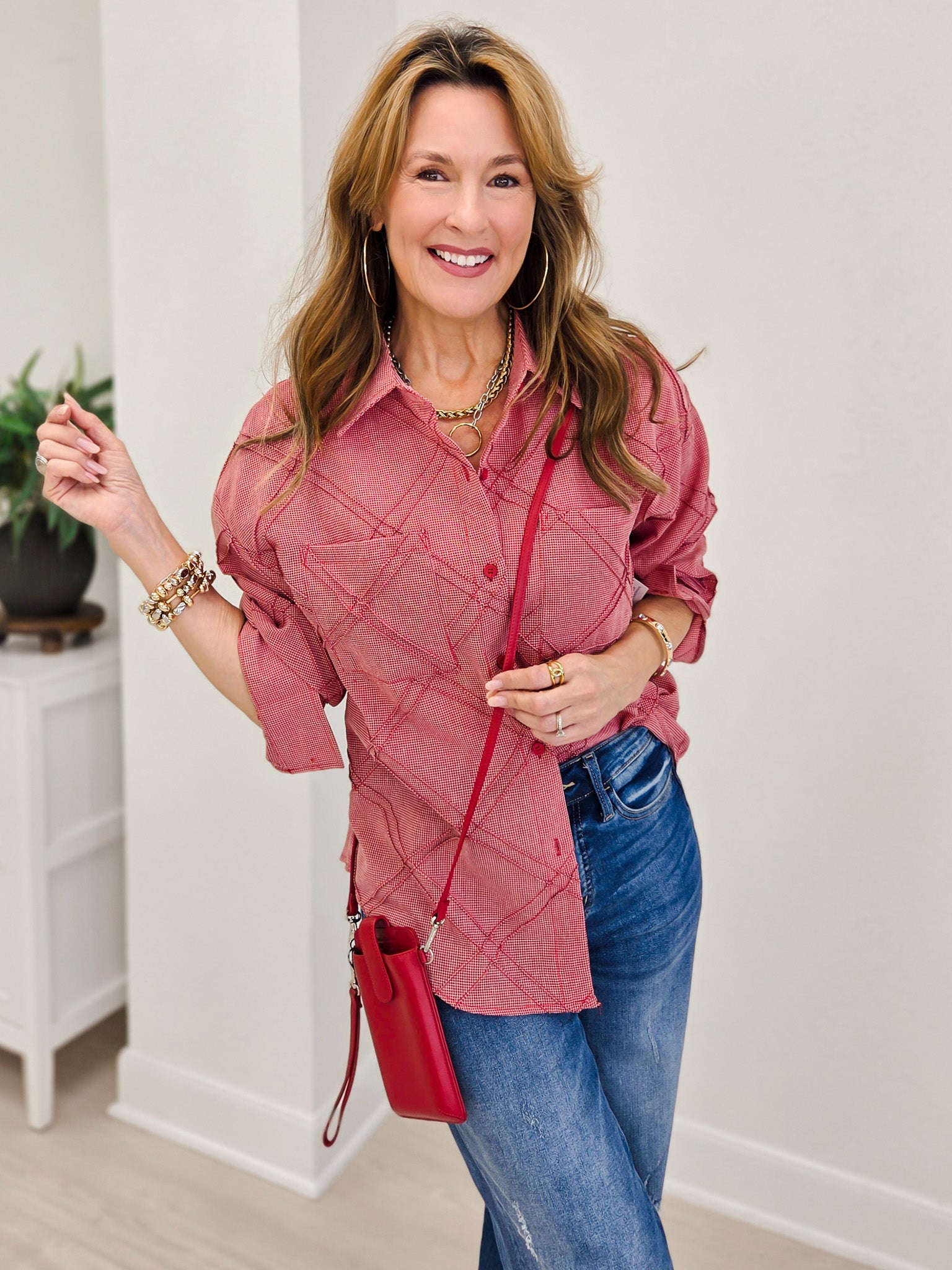 Textured Plaid Detail Button-Up Shirt-Red Mix