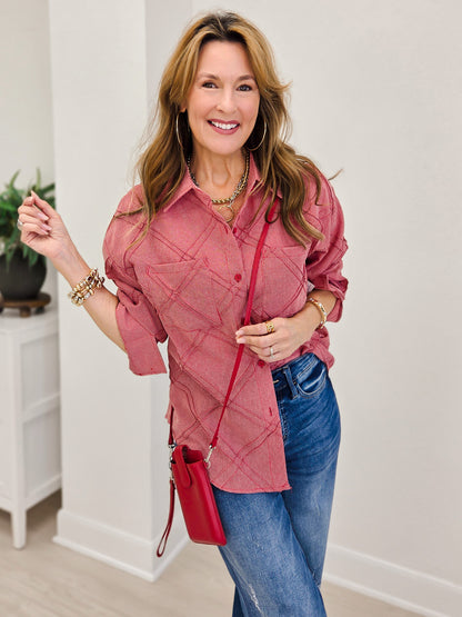 Textured Plaid Detail Button-Up Shirt-Red Mix