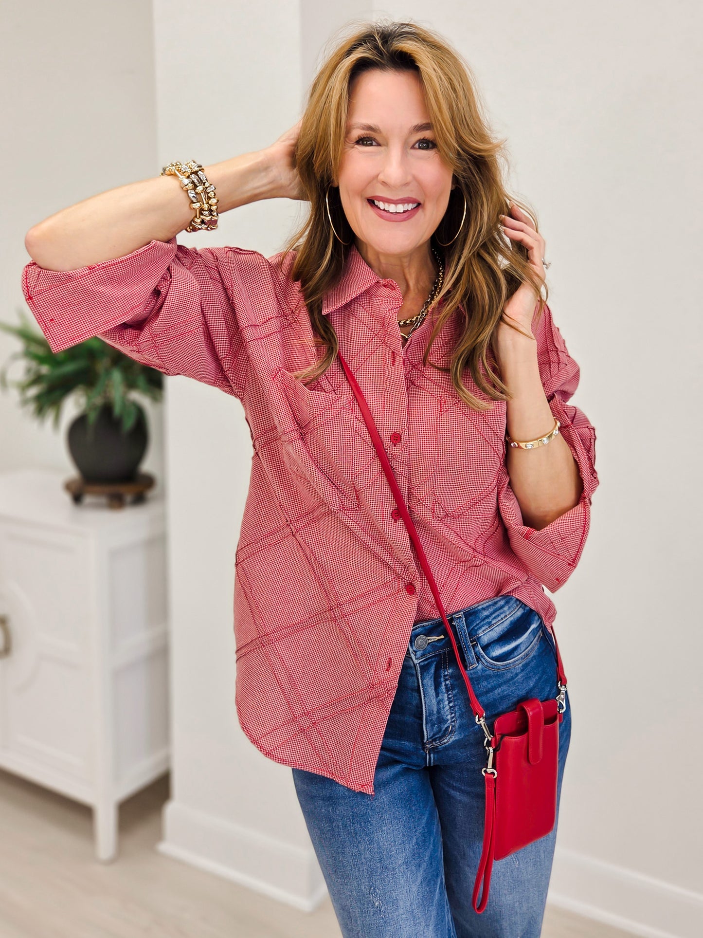 Textured Plaid Detail Button-Up Shirt-Red Mix